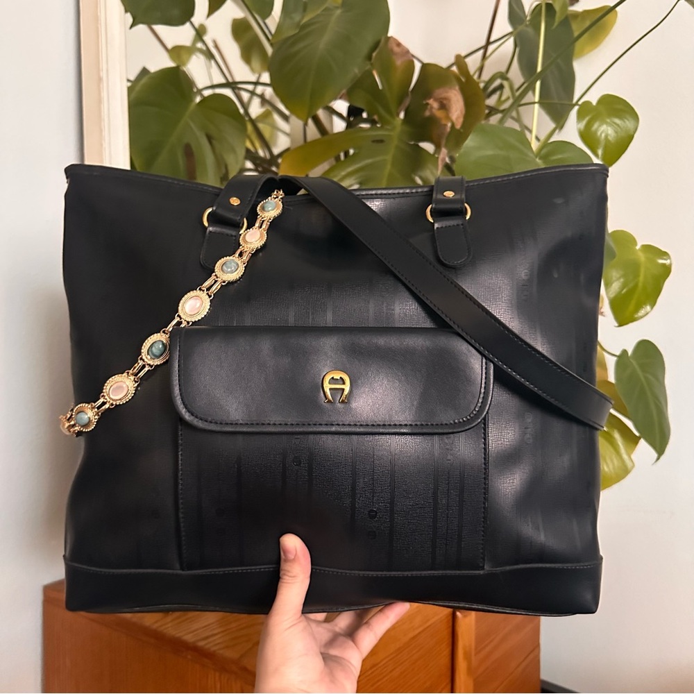 Vintage Etienne Aigner Black Tote with Gold Accents ((charm not included)